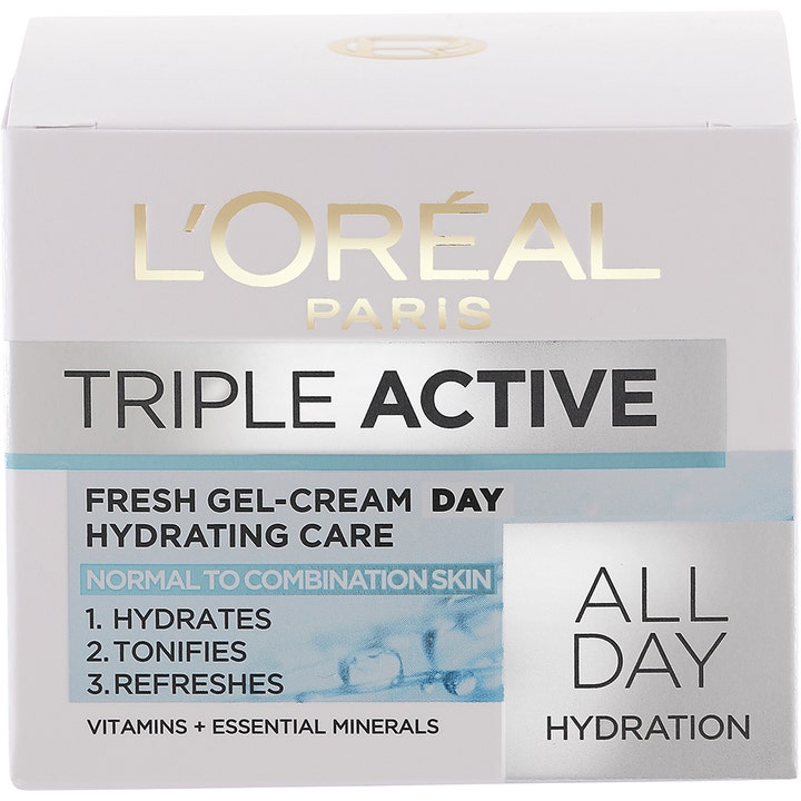 L’Oréal Paris Triple Active 50 ml kosteuttava päivävoide valkoisessa pahvipakkauksessa.