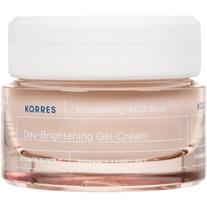 Korres Apothecary Wild Rose Day-Brightening Gel-Cream 40 ml kirkastava geelivoide vaaleanpunaisessa lasipurkissa.