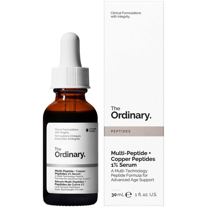 The Ordinary Multi-Peptide + Copper Peptides 1% Serum 30 ml elvyttävä kasvoseerumi ruskeassa lasipullossa ja rasiassa