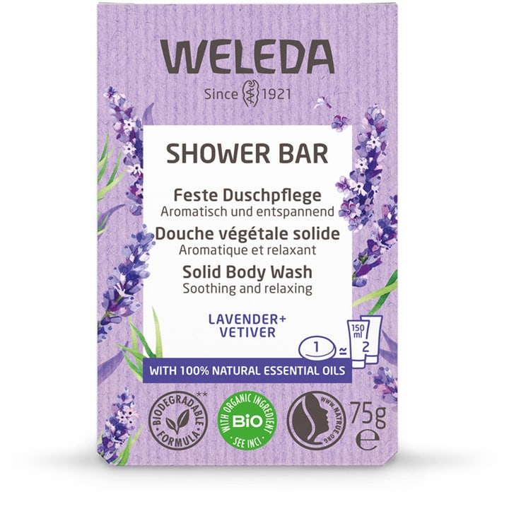 Weleda Shower Bar Lavender + Vetiver 75 g rauhoittava palasaippua laventelikuvioisessa pahvipakkauksessa.