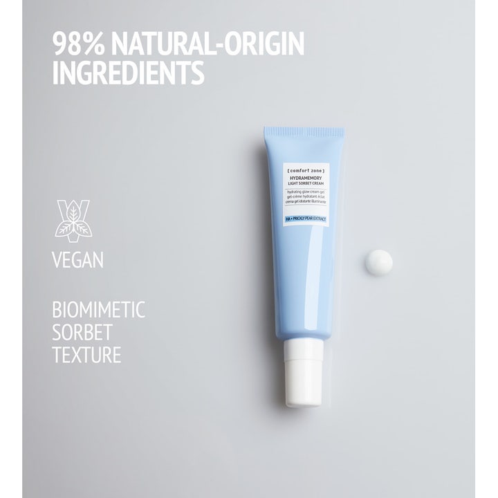 Comfort Zone Hydramemory Light Sorbet Cream 60 ml kosteuttava kasvovoide vaaleansinisessä tuubissa, vegaaninen koostumus.