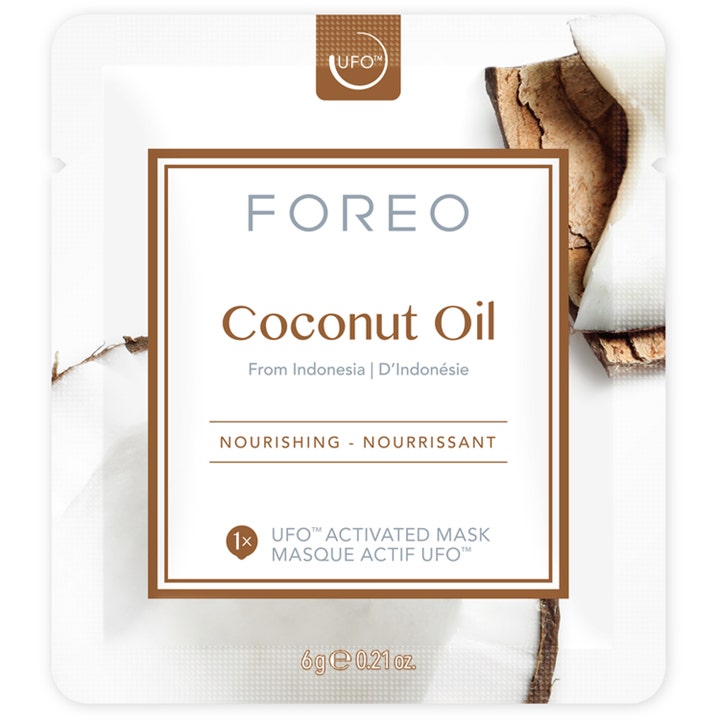 FOREO UFO Mask Natural Collection Coconut Oil 36 g ravitseva kasvonaamio valkoisessa pussissa kookoksen kuvalla