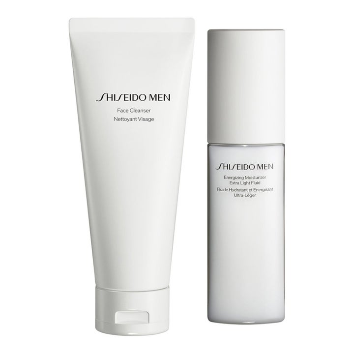 Shiseido Men Face Cleanser ja Energizing Moisturizer virkistävä ihonhoitosetti valkoisessa tuubissa ja pullossa