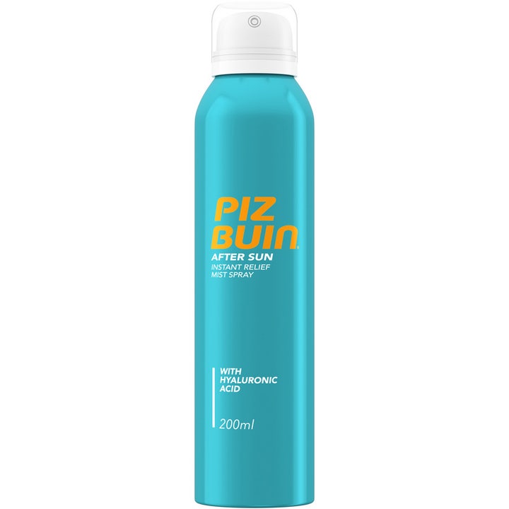Piz Buin After Sun Instant Relief Mist Spray 200 ml rauhoittava after sun turkoosissa suihkepullossa valkoisella korkilla.