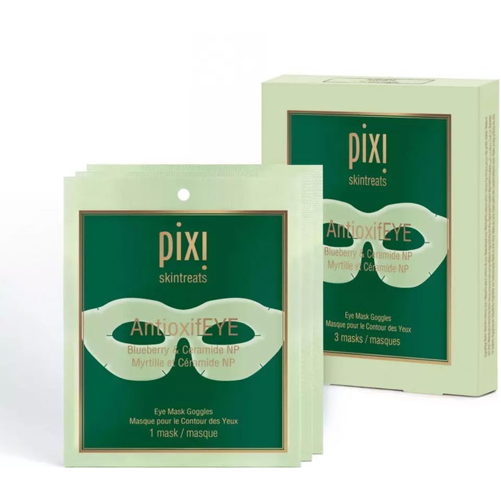 Pixi AntioxifEYE Eye Mask Goggles 3 kpl virkistävä silmänympärysnaamio vihreässä pakkauksessa ja pusseissa.