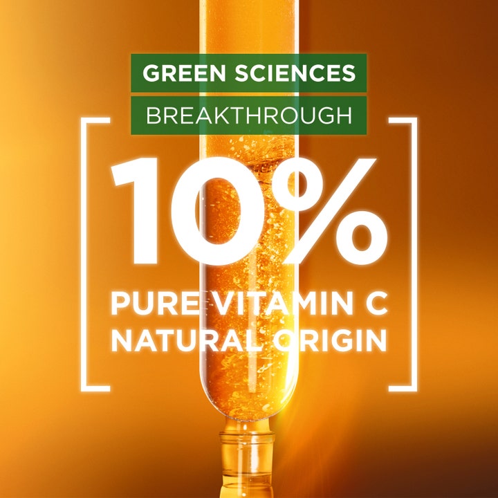 Garnier SkinActive Vitamin C 10% Night Serum 30 ml kirkastava yöseerumi ja 10% Pure Vitamin C teksti kultaisessa koeputkessa