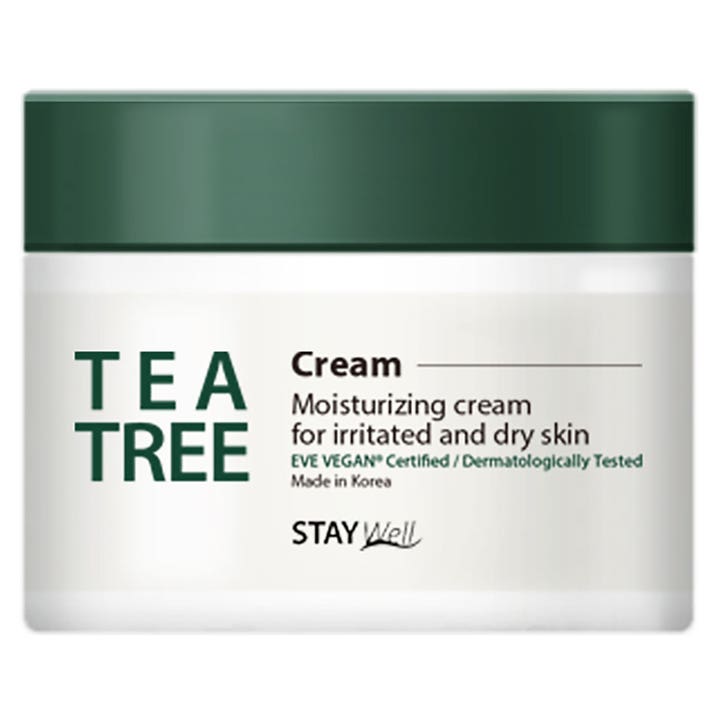 Stay Well Tea Tree Cream rauhoittava kosteusvoide ärtyneelle iholle valkoisessa purkissa jossa on tummanvihreä kansi