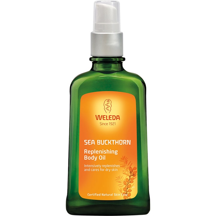 Weleda Sea Buckthorn Replenishing Body Oil 100 ml elvyttävä vartaloöljy vihreässä pumppupullossa.