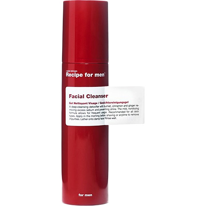 Recipe for men Facial Cleanser 100 ml syväpuhdistava kasvojenpuhdistusaine punaisessa kiiltävässä pumppupullossa.