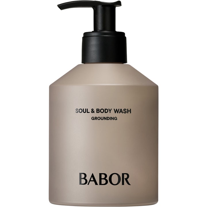 Babor Soul & Body Wash Grounding puhdistava suihkugeeli mattapintaisessa beigessä pullossa mustalla pumpulla.