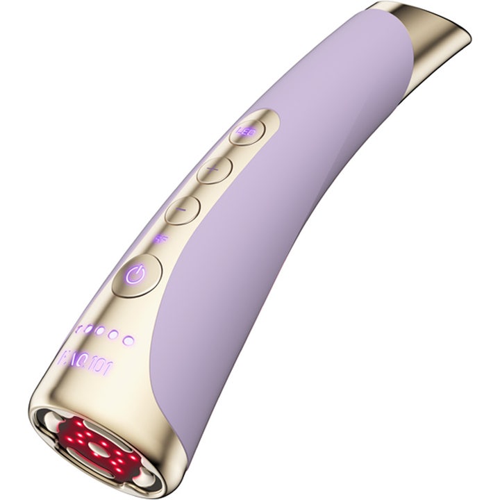 FAQ Swiss FAQ 101 LED-Pulse Facial Device Amethyst on ihoa kiinteyttävä lilansävyinen kasvolaite kultaisilla yksityiskohdilla.