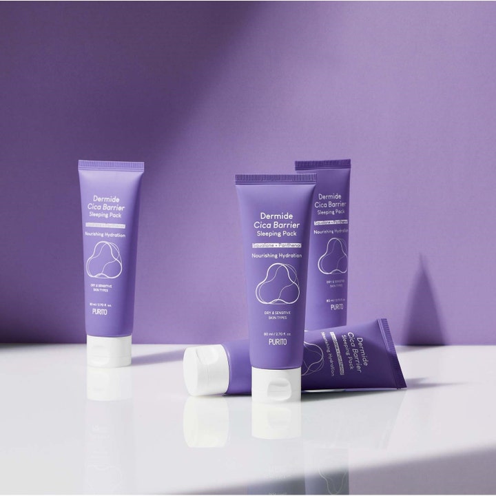 Purito Dermide Cica Barrier Sleeping Pack 80 ml kosteuttava yönaamio useita liiloja tuubeja purppuralla taustalla.