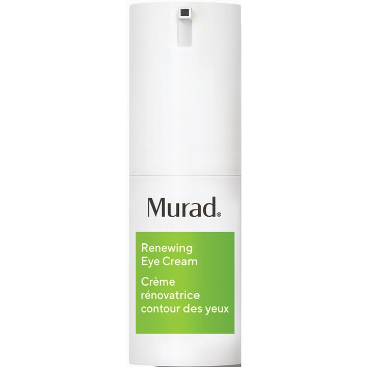 Murad Renewing Eye Cream uudistava silmänympärysvoide valkoisessa pumppupullossa, jossa on vihreä etiketti.