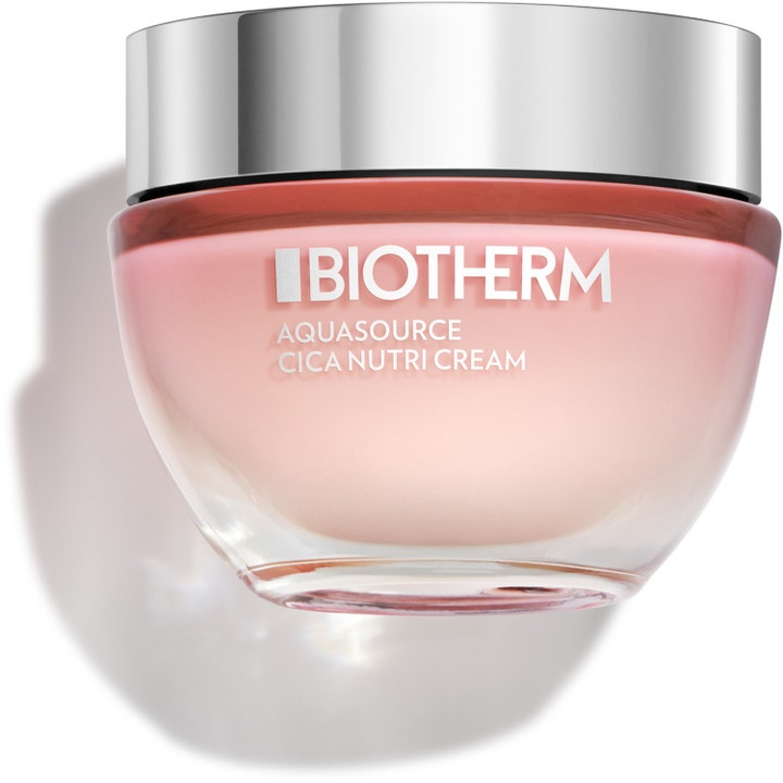 Biotherm Aquasource Cica Nutri Cream 50 ml ravitseva kasvovoide vaaleanpunaisessa lasipurkissa hopeakannella