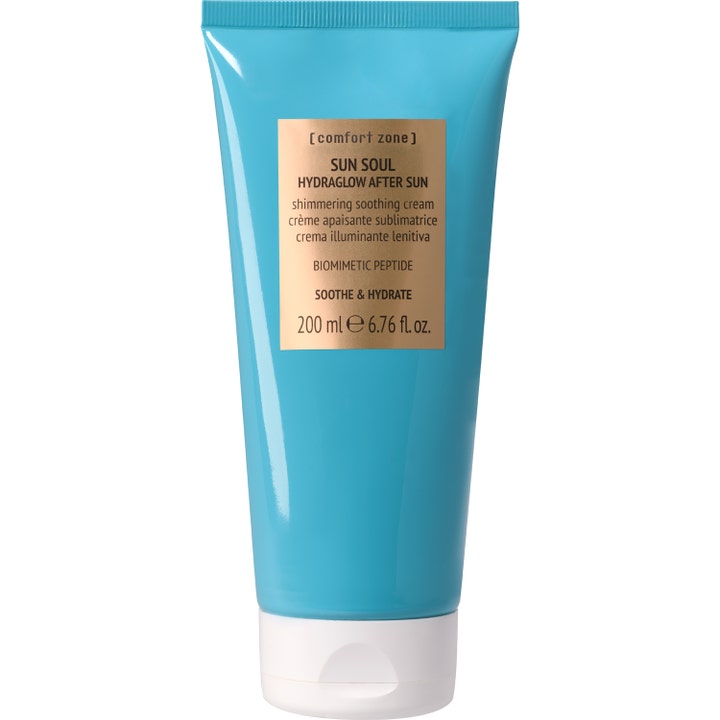 Comfort Zone Sun Soul Hydraglow After Sun 200 ml rauhoittava voide turkoosissa tuubissa kultaisella etiketillä.