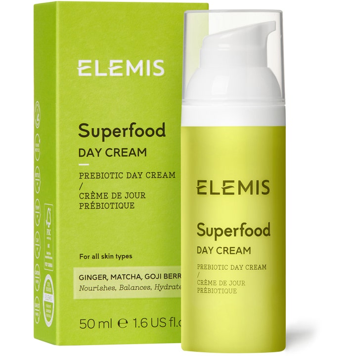 Elemis Superfood Day Cream 50 ml prebioottinen päivävoide limeenvihreässä pakkauksessa ja pumppupullossa.