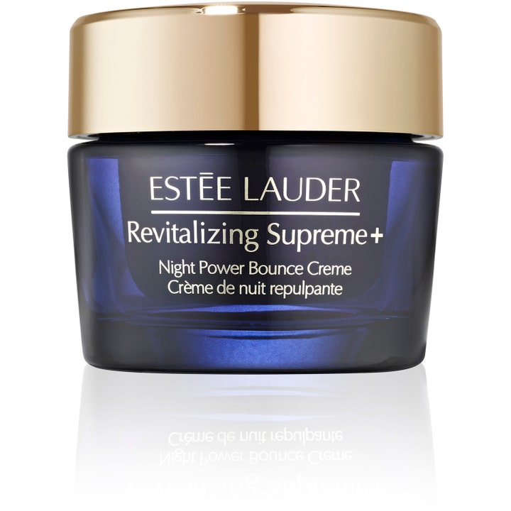 Estée Lauder Revitalizing Supreme+ Night Power Bounce Creme elvyttävä yövoide tummansinisessä kultakorkkisessa lasipurkissa.