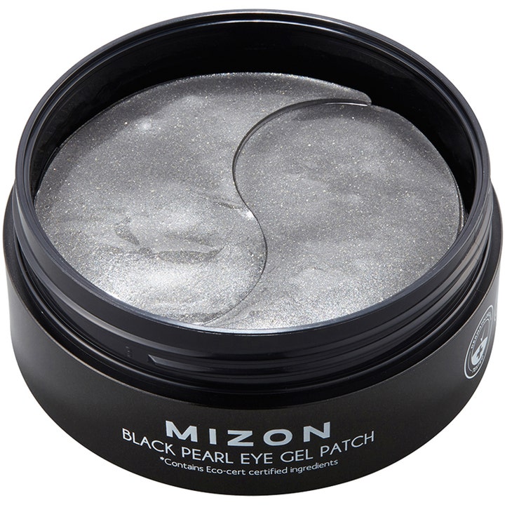 Mizon Black Pearl Eye Gel Patch 84 g kirkastava silmänympärysnaamio kimaltelevat harmaat hydrogeelilaput rasiassa.