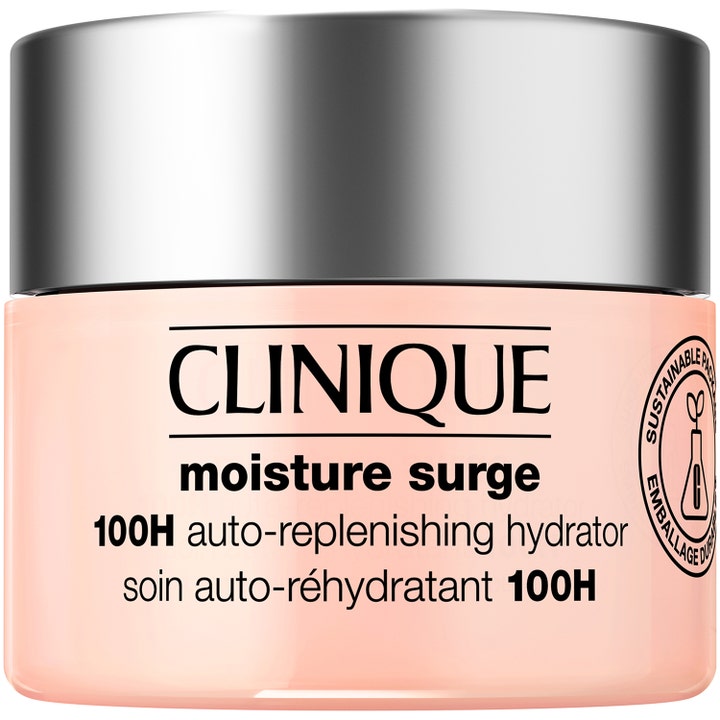 Clinique Moisture Surge 100H kosteuttava kasvovoide persikanvärisessä lasipurkissa, jossa on hopeinen korkki.