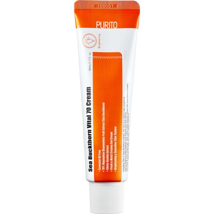 Purito Sea Buckthorn Vital 70 Cream 50 ml kirkastava kasvovoide valkoisessa ja oranssissa tuubissa.