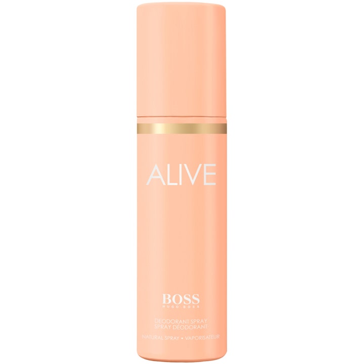 Hugo Boss Alive raikastava deodoranttisuihke tyylikkäässä persikanvärisessä pullossa kultaisella yksityiskohdalla.