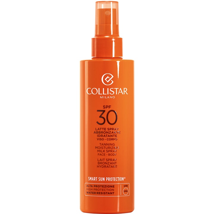 Collistar Tanning Moisturizing Milk Spray SPF 30 kosteuttava aurinkosuojasuihke oranssissa pullossa kirkkaalla korkilla