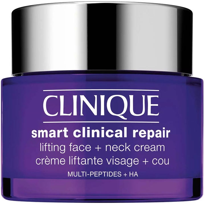 Clinique Smart Clinical Repair Lifting Face + Neck Cream kiinteyttävä kasvovoide violetissa lasipurkissa hopeakorkilla.