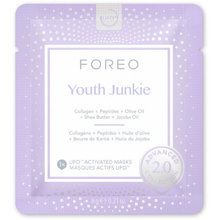FOREO UFO Youth Junkie 2.0 6 kpl kollageenia sisältävä kasvonaamio vaaleanliilassa pussissa valkoisilla pisteillä