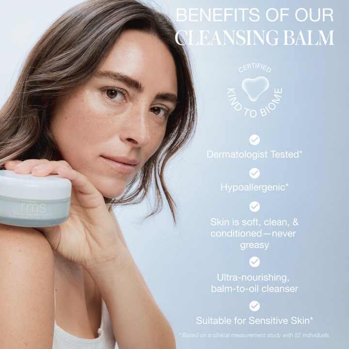 RMS Beauty Coconut Clean Cleansing Balm 100 g puhdistusvoide purkissa nainen ja tekstiä tuotteen ihoa hellivistä eduista.