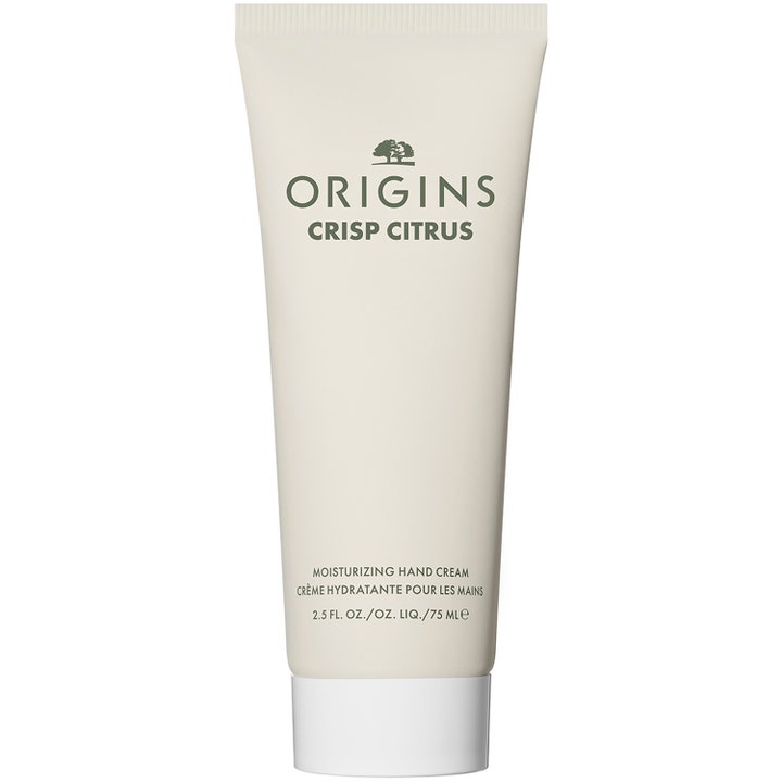 Origins Crisp Citrus Moisturizing Hand Cream 75 ml pehmentävä käsivoide vaaleassa tuubissa valkoisella korkilla.