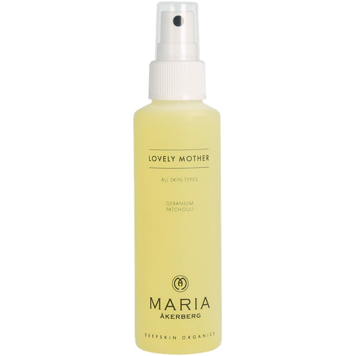 Maria Åkerberg Lovely Mother 125 ml vartaloöljy kosteuttaa ihoa keltaisessa suihkepullossa, jossa on valkoinen korkki.