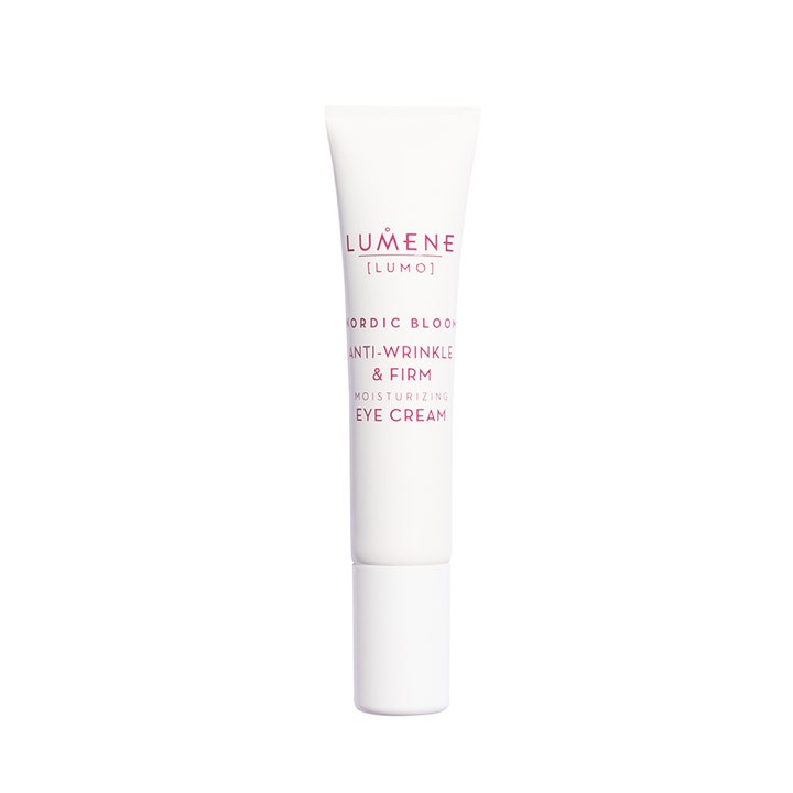 Lumene Nordic Bloom Anti-Wrinkle & Firm silmänympärysvoide silottaa ja kiinteyttää ihoa kapeassa valkoisessa tuubissa.