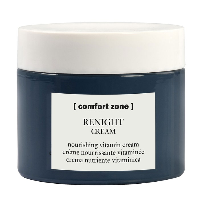 Comfort Zone Renight Cream ravitseva vitamiinivoide tummansinisessä purkissa, jossa on valkoinen kansi.