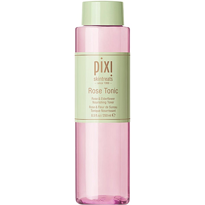 Pixi Rose Tonic 250 ml ravitseva kasvovesi kirkkaassa pullossa jossa pinkkiä nestettä ja vihreä korkki