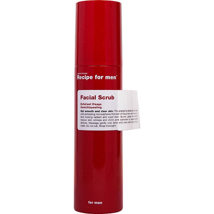 Recipe for men Facial Scrub syväpuhdistava kasvokuorinta kirkastaa ihoa punaisessa sylinterinmuotoisessa pakkauksessa.