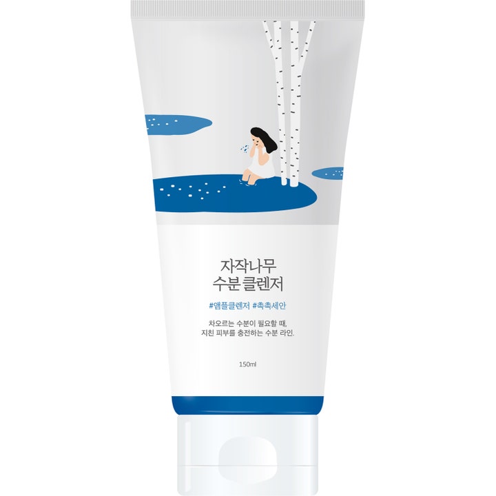 Round Lab Birch Juice Moisturizing Cleanser 150ml kosteuttava puhdistusaine valkoisessa tuubissa sinisellä koivukuvituksella.
