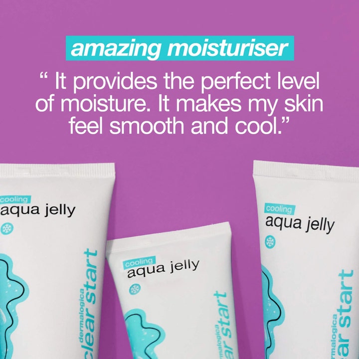 Dermalogica Cooling Aqua Jelly Clear Start 59 ml viilentävä kasvovoide kolmessa valkoisessa tuubissa liilalla taustalla.