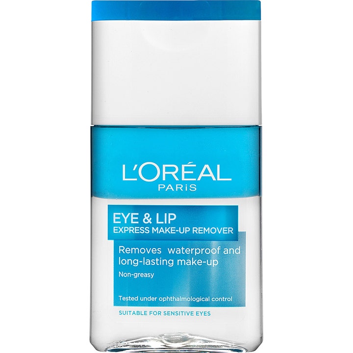 L'Oréal Paris Eye & Lip Express Make-up Remover 125 ml poistaa vedenkestävän meikin kaksifaasisessa sinisessä pullossa.
