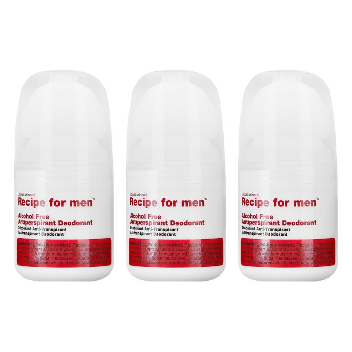 Recipe for men Alcohol Free Antiperspirant Deodorant 3 kpl alkoholiton suoja kolme valkoista roll-on-pulloa.