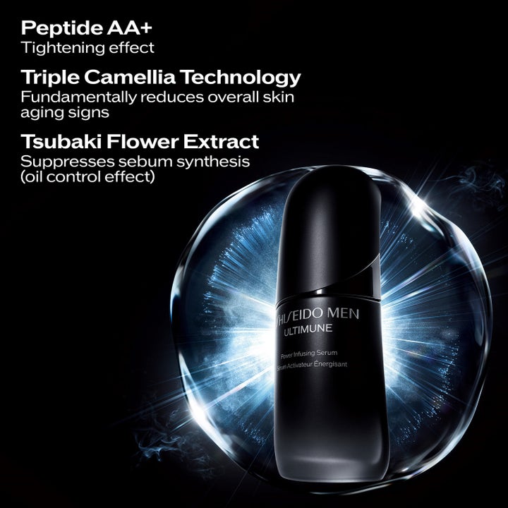 Shiseido Ultimune Men 2.0 Power Infusing Concentrate 50 ml seerumi ja Triple Camellia Technology ‑tiedot.