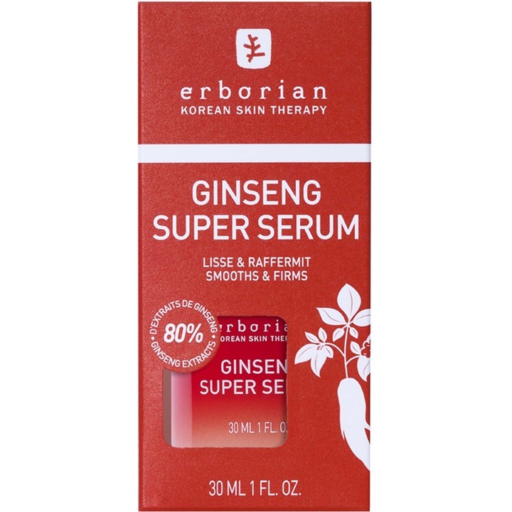 Erborian Ginseng Super Serum 30 ml kiinteyttävä kasvoseerumi punaisessa pakkauksessa, jossa on ginseng-kuvitus.