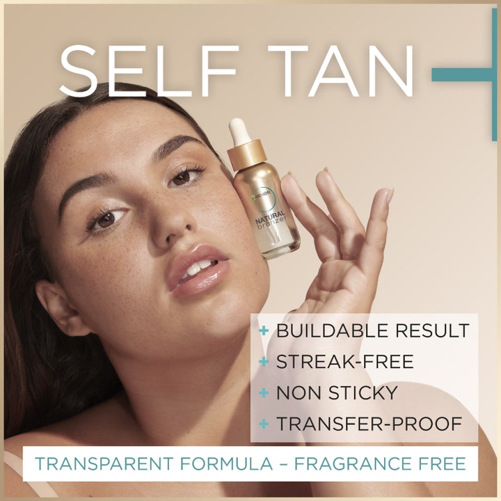 Garnier Ambre Solaire Natural Bronzer 30 ml itsetuskettavat tipat luovat hehkua. Nainen pitelee kultaista pipettipulloa.