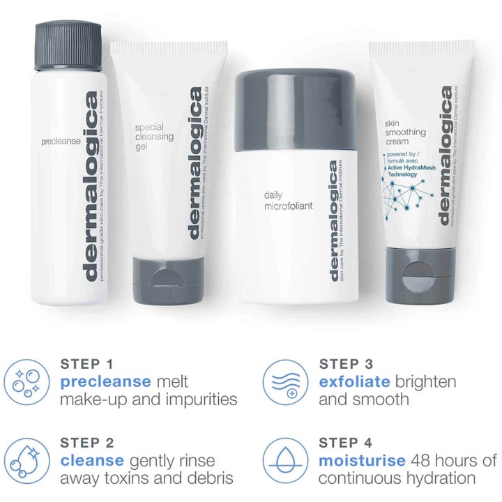 Dermalogica Discover Healthy Skin Kit ihonhoitosetti sisältää neljä vaihetta kirkkaaseen ja kosteutettuun ihoon.