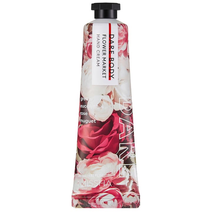 Dare Body Flower Market Hand Cream 30 ml kosteuttava käsivoide kukkakuvioisessa tuubissa jossa on punaisia ruusuja