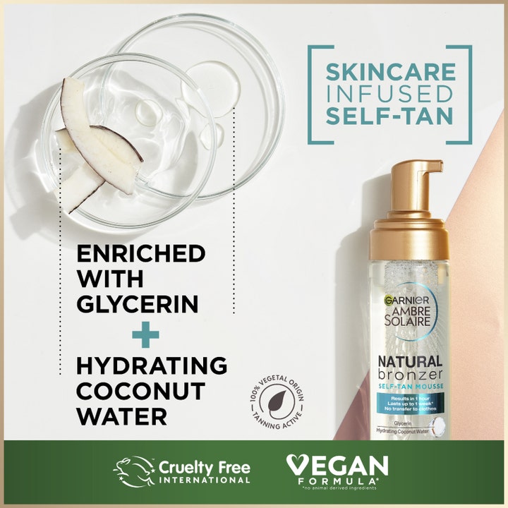Garnier Ambre Solaire Natural Bronzer 200 ml itseruskettava vaahto kookosvedellä ja glyseriinillä.