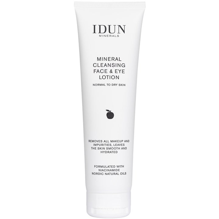 IDUN Minerals Mineral Cleansing Face & Eye Lotion kosteuttava puhdistusemulsio niasiiniamidilla valkoisessa tuubissa.