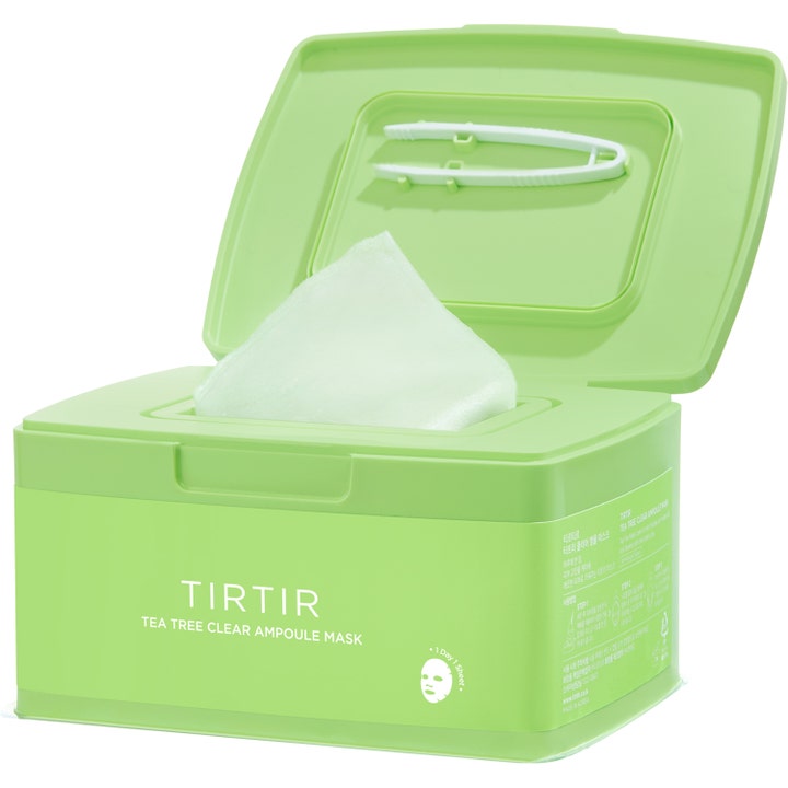 TIRTIR Tea Tree Clear Ampoule Mask 30 kpl rauhoittava kangasmaski vihreässä rasiassa jossa on valkoiset pihdit