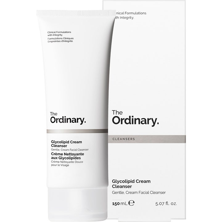 The Ordinary Glycolipid Cream Cleanser 150 ml puhdistusvoide valkoisessa tuubissa ja harmaaraidallisessa pakkauksessa.