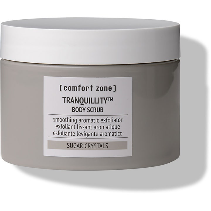 Comfort Zone Tranquillity Body Scrub sileyttävä aromaattinen vartalokuorinta harmaassa purkissa valkoisella kannella.