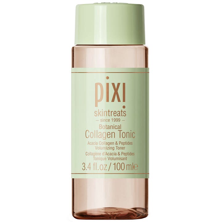 Pixi Botanical Collagen Tonic 100 ml täyteläistävä kasvovesi vaaleanvihreällä etiketillä ja korkilla.